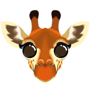 Illustration d’une girafe de la collection Doudounimaux, avec un sourire chaleureux et un regard doux et bienveillant.