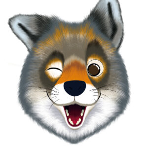 Illustration d’un loup grimaçant de la collection Doudounimaux grimace, avec un sourire chaleureux et un regard doux et bienveillant.