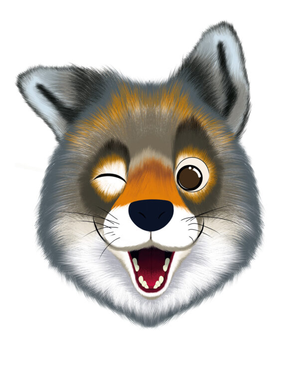 Illustration d’un loup grimaçant de la collection Doudounimaux grimace, avec un sourire chaleureux et un regard doux et bienveillant.