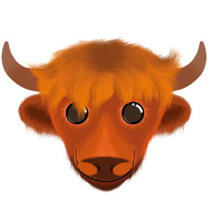 Illustration d’un yak de la collection Doudounimaux, avec un sourire chaleureux et un regard doux et bienveillant.