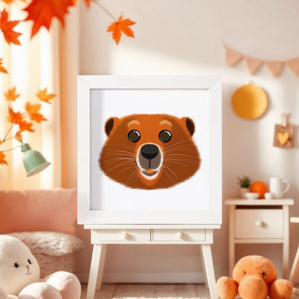 Illustration d’un castor souriant dans un cadre blanc, posé dans une chambre d’enfant.