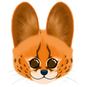 Illustration d’un serval de la collection Doudounimaux, avec un sourire chaleureux et un regard doux et bienveillant.
