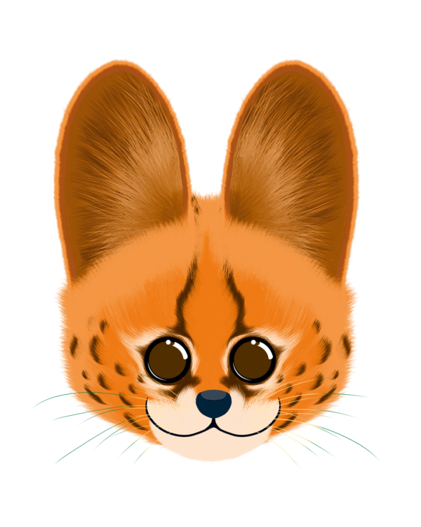 Illustration d’un serval de la collection Doudounimaux, avec un sourire chaleureux et un regard doux et bienveillant.