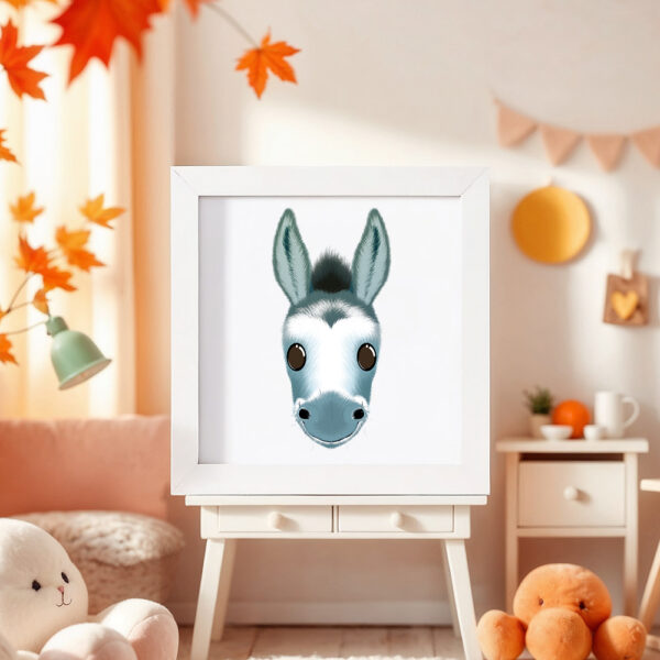Illustration d’un âne souriant dans un cadre blanc, posé dans une chambre d’enfant.