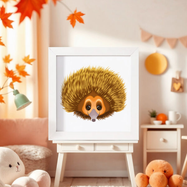 Illustration d’un échidné souriant dans un cadre blanc, posé dans une chambre d’enfant.
