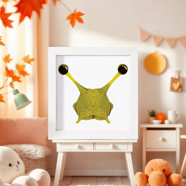 Illustration d’un escargot souriant dans un cadre blanc, posé dans une chambre d’enfant.