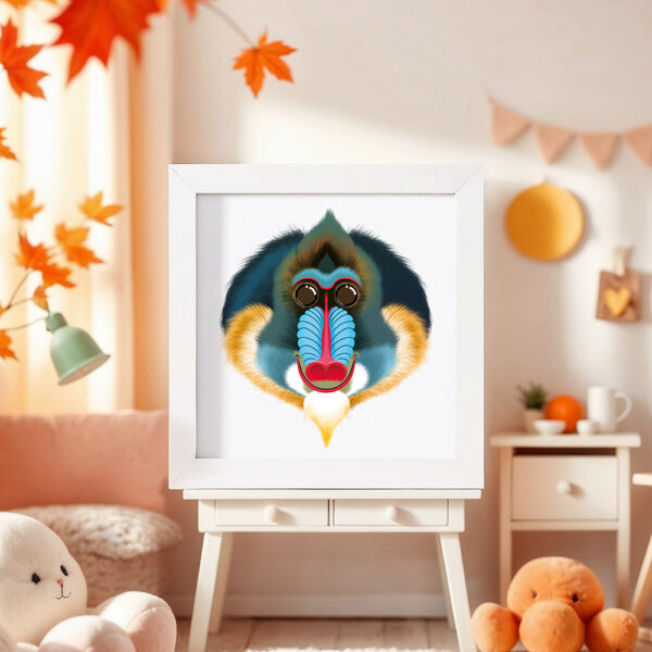 Illustration d’un mandril souriant dans un cadre blanc, posé dans une chambre d’enfant.