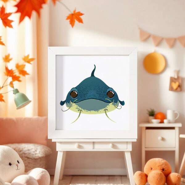 Illustration d’un poisson chat souriant dans un cadre blanc, posé dans une chambre d’enfant.