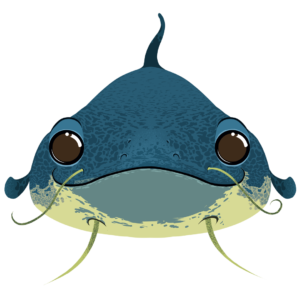 Illustration d’un poisson chat de la collection Doudounimaux, avec un sourire chaleureux et un regard doux et bienveillant.