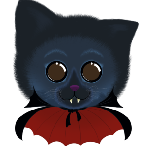 Illustration du chat Dracula de la collection Doudounimaux, avec un sourire chaleureux et un regard doux et bienveillant. Spécial Halloween.