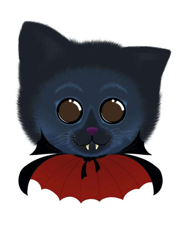 Illustration du chat Dracula de la collection Doudounimaux, avec un sourire chaleureux et un regard doux et bienveillant. Spécial Halloween.