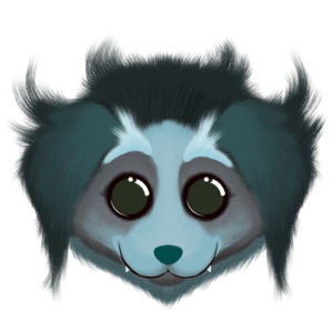 Illustration du chiot Garou de la collection Doudounimaux, avec un sourire chaleureux et un regard doux et bienveillant. Spécial Halloween.