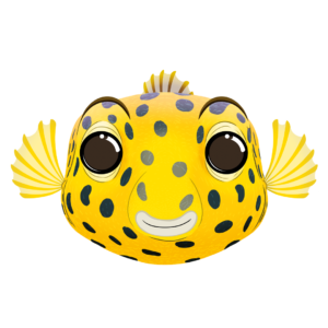 Illustration d’un poisson coffre de la collection Doudounimaux, avec un sourire chaleureux et un regard doux et bienveillant.